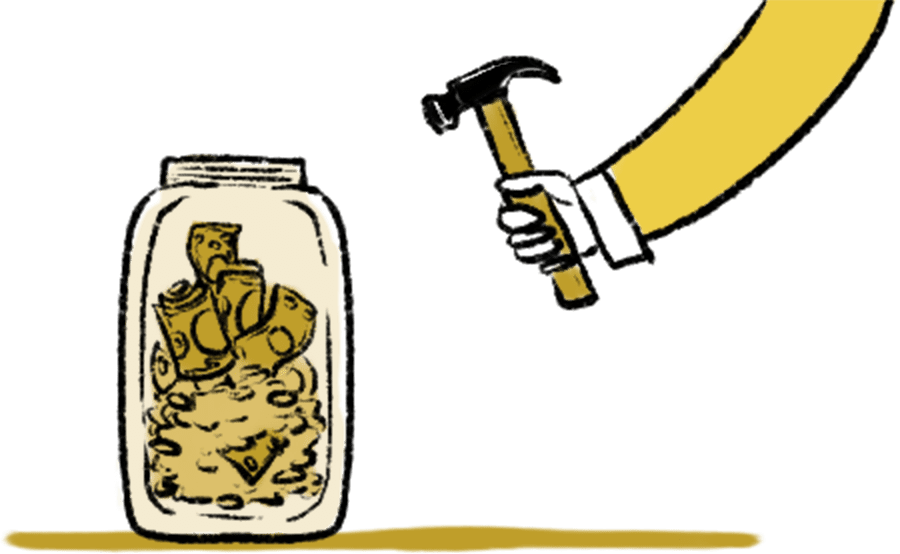 breaking open a glass jar of money