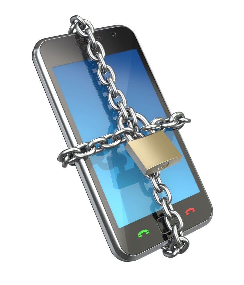 secure-cellphone cellphone protected by chains and a lock