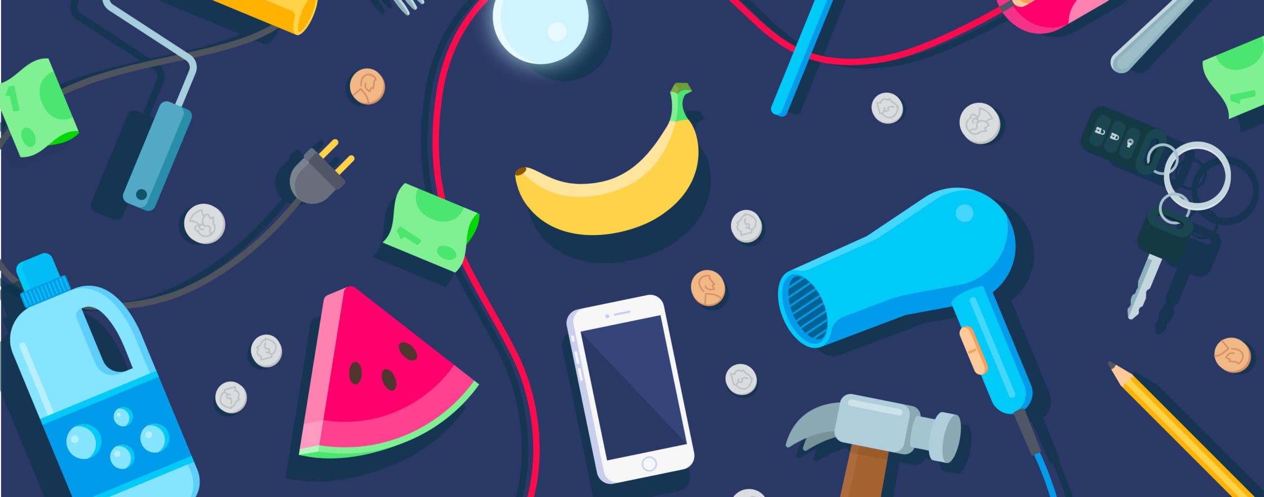icons with fruit, phone and other living items