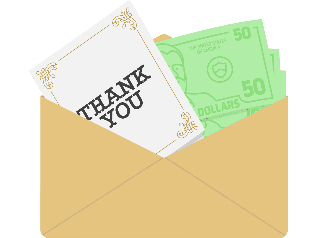 envelope filled with a thank you and money